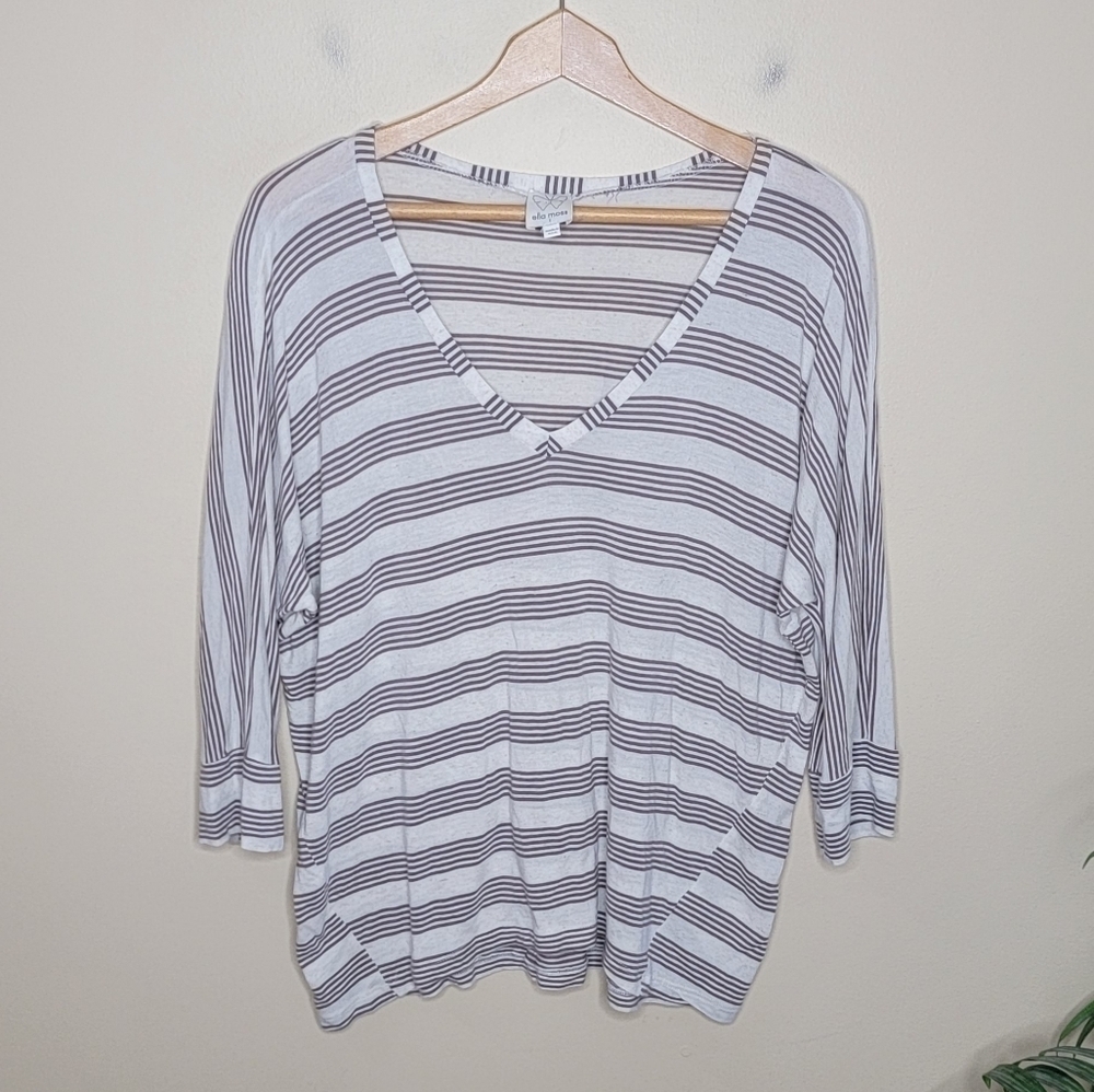 Ella Moss Cream & Brown Striped Dolman 3/4 Sleeve Top Size Small